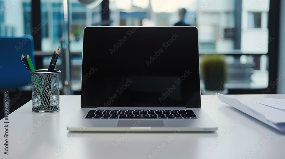 Front view laptop on white table. There is paper and a pen holder nearby. In modern office space Front view laptop on white table. There is paper and a pen holder nearby. In modern office space