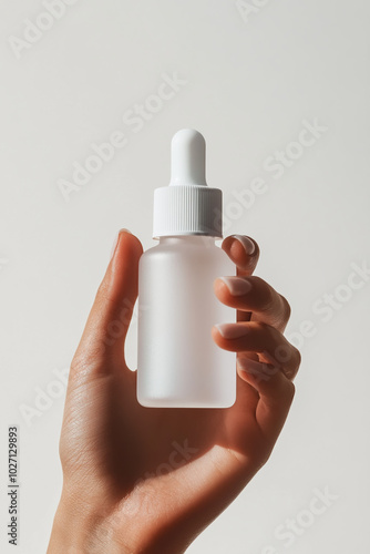 Close-up of a hand holding a frosted glass dropper bottle on a white background, minimalist beauty product photography style.