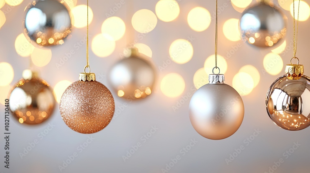 Elegant hanging Christmas ornaments shimmer against a backdrop of warm, glowing lights, creating a festive and inviting atmosphere. Elegant hanging Christmas ornaments shimmer against a backdrop of warm, glowing lights, creating a festive and inviting atmosphere.