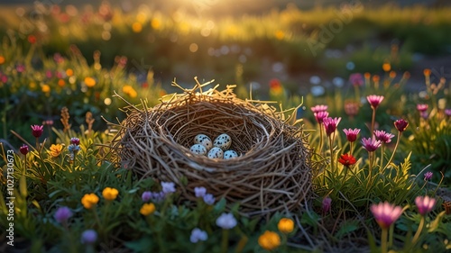 Fototapeta Naklejka Na Ścianę i Meble -  A bird's nest with five speckled eggs sits in a field of colorful wildflowers at sunset.