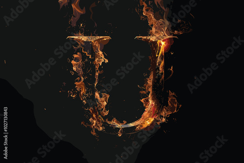 Letter U. Fire flames on black isolated background, realistick fire effect with sparks. Part of alphabet set