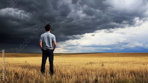 A person stands on a vast field under a dramatic sky, with dark clouds looming, creating a sense of contemplation and solitude.