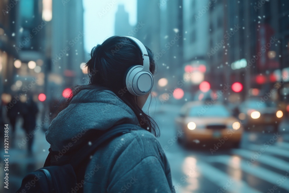 Woman wearing headphones walks on city street Woman wearing headphones walks on city street