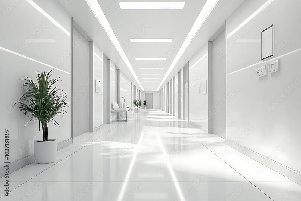 Clean lines and minimalist style define this serene hospital corridor. Clean lines and minimalist style define this serene hospital corridor.