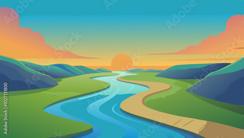 Landscape with mountains and winding river vector illustration 