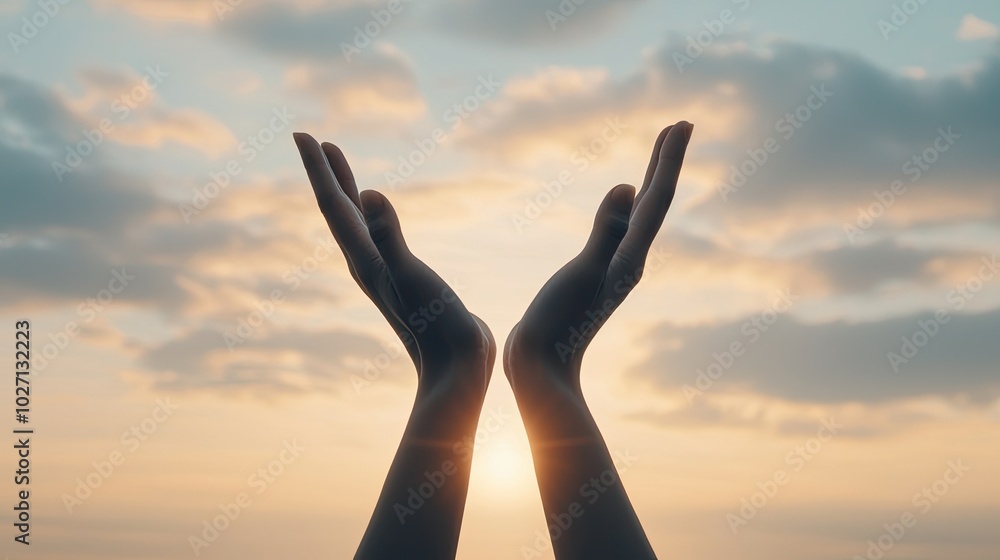 Fototapeta premium A serene image of hands raised towards the sky, bathed in warm sunlight, symbolizing hope, gratitude, and connection with the universe.