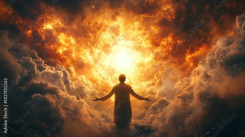 © liliyabatyrova - A man is standing in the middle of a fiery explosion, surrounded by clouds