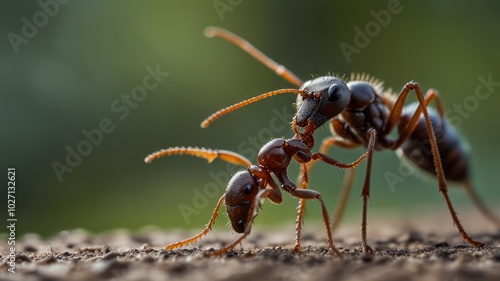 Two red ants face each other in a close-up shot with a blurred green background.