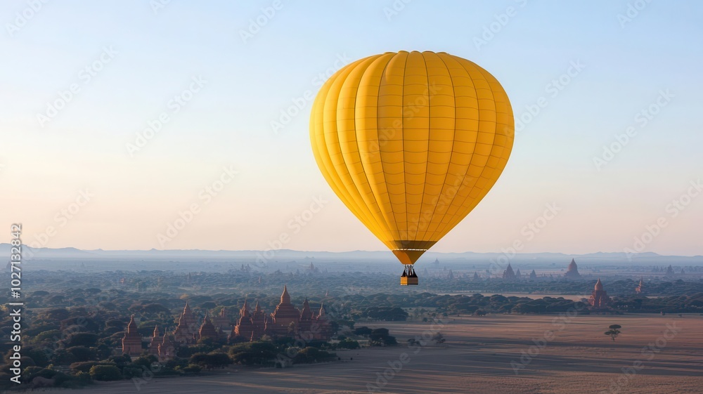 Obraz premium Hot air balloons floating over the temples of Bagan in Myanmar at sunrise Bagan, hot air balloons, cultural travel