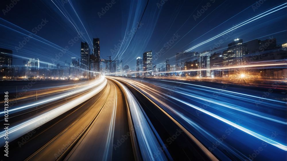 Dynamic city skyline at night with vibrant motion light trails across urban landscape. Dynamic city skyline at night with vibrant motion light trails across urban landscape.
