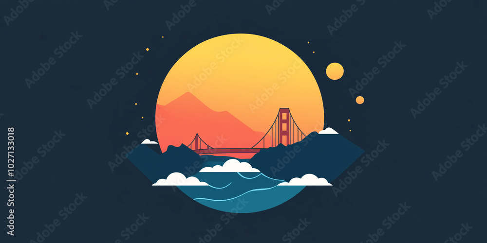 Obraz premium Golden Gate Bridge, San Francisco. Vector illustration of a bridge. Landscape of modern bridge. flat background. into, logo. representation of an iconic image of USA. United States