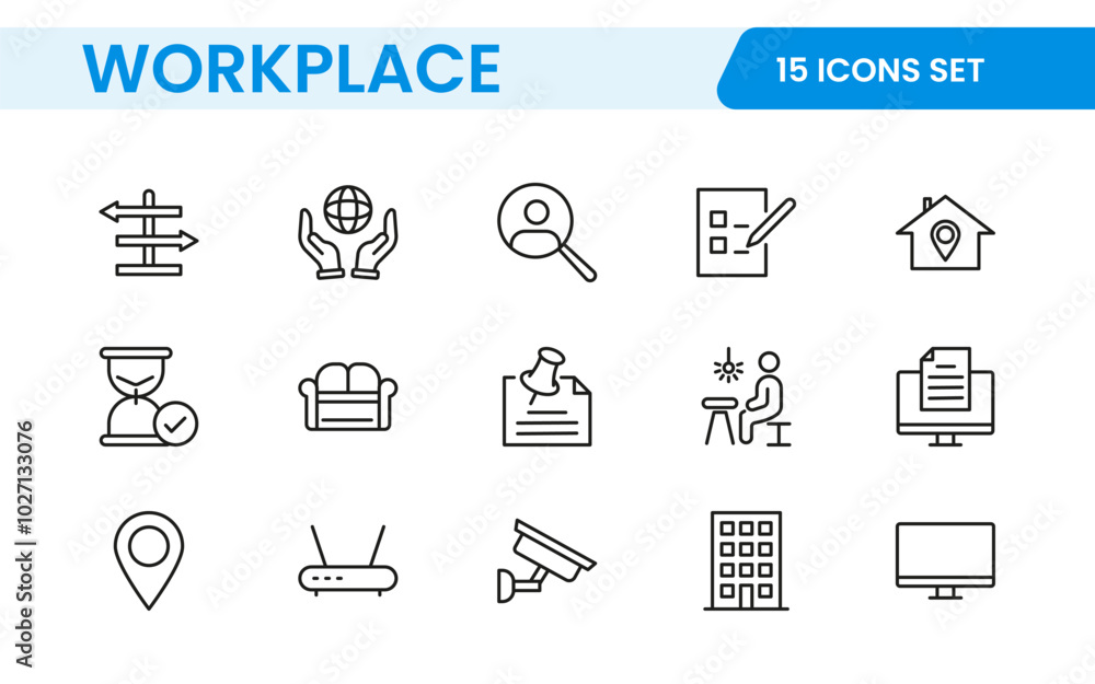 Workplace web icons in line style. Employ, conference, project, document, business, work, support, contact us, productivity strategy, collection. Workplace web icons in line style. Employ, conference, project, document, business, work, support, contact us, productivity strategy, collection.
