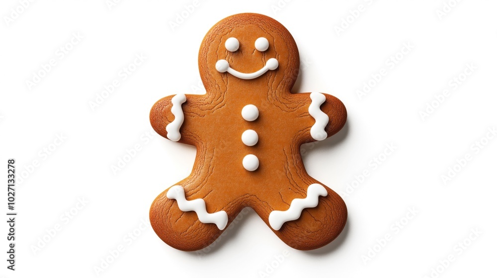 Close-up of a classic gingerbread man cookie decorated with white icing details on a white background. Close-up of a classic gingerbread man cookie decorated with white icing details on a white background.