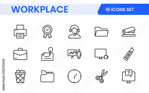 Workplace web icons in line style. Employ, conference, project, document, business, work, support, contact us, productivity strategy, collection.