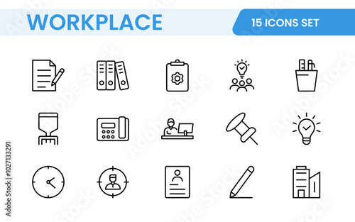 Workplace web icons in line style. Employ, conference, project, document, business, work, support, contact us, productivity strategy, collection.