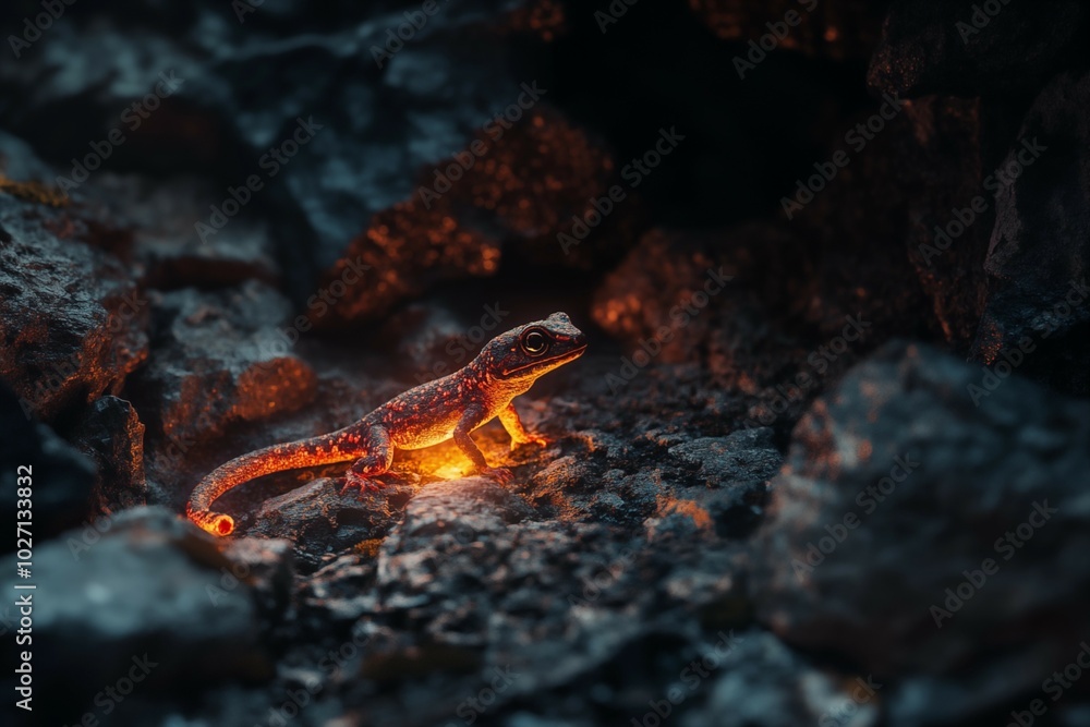A salamander with a glowing belly sits among the rocks in the cliffs A salamander with a glowing belly sits among the rocks in the cliffs