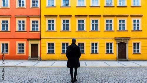 Tourist exploring the narrow, cobblestone streets of Prague s Old Town, surrounded by medieval architecture Prague, Old Town, historical travel