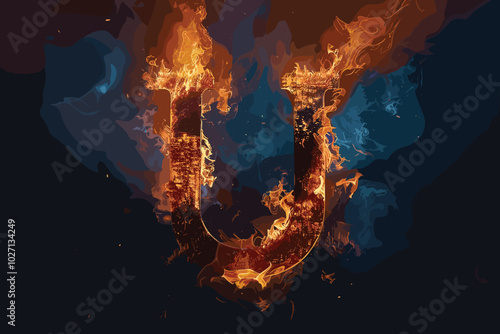 Letter U. Fire flames on black isolated background, realistick fire effect with sparks. Part of alphabet set