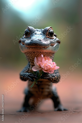 animal art, cute crocodile baby is carrying a pink flower to you, antropomorphic, bokeh background, photorealistic photo