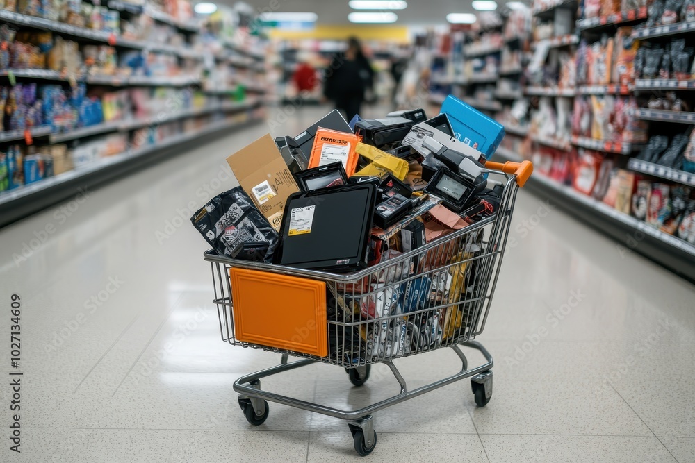 Shopping Cart Overflowing: A shopping cart filled to the brim with various products like electronics, toys, and clothes, all with sale tags attached. The cart is placed in the middle of a store aisle Shopping Cart Overflowing: A shopping cart filled to the brim with various products like electronics, toys, and clothes, all with sale tags attached. The cart is placed in the middle of a store aisle