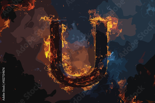 Letter U. Fire flames on black isolated background, realistick fire effect with sparks. Part of alphabet set