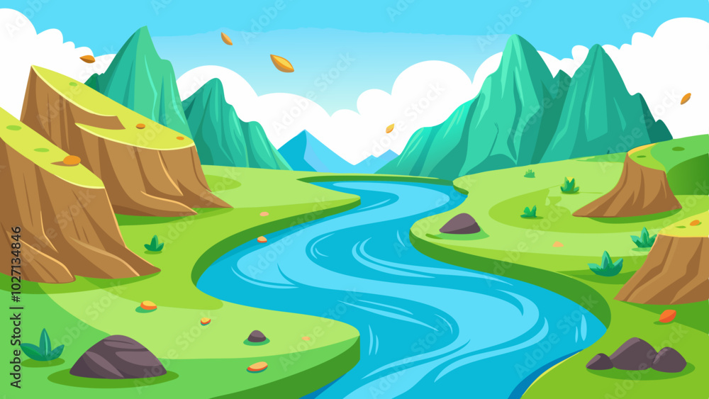 Fototapeta premium Landscape with winding river flowing between green rolling hills vector illustration 