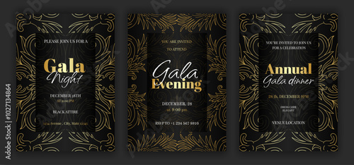 Luxury black annual gala dinner, night, evening invitation template set with golden details and text. Baroque style retro ornate pattern background. EPS 10 vector illustration.