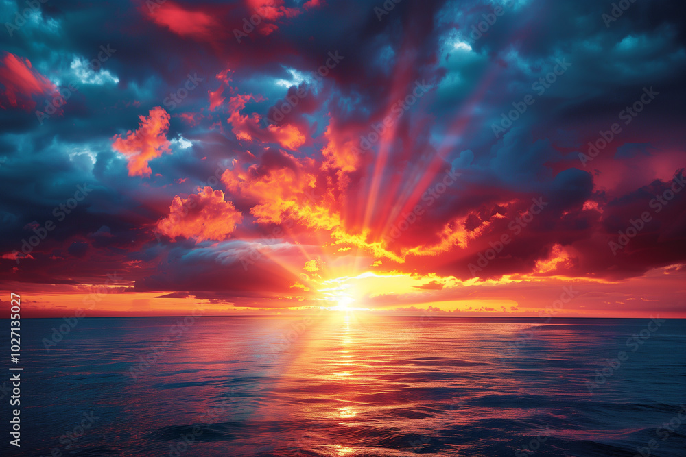 Vibrant sunset sky over a tranquil sea, featuring dark clouds illuminated by sunrays, creating a stunning cloudscape nature background in panoramic view. Vibrant sunset sky over a tranquil sea, featuring dark clouds illuminated by sunrays, creating a stunning cloudscape nature background in panoramic view.