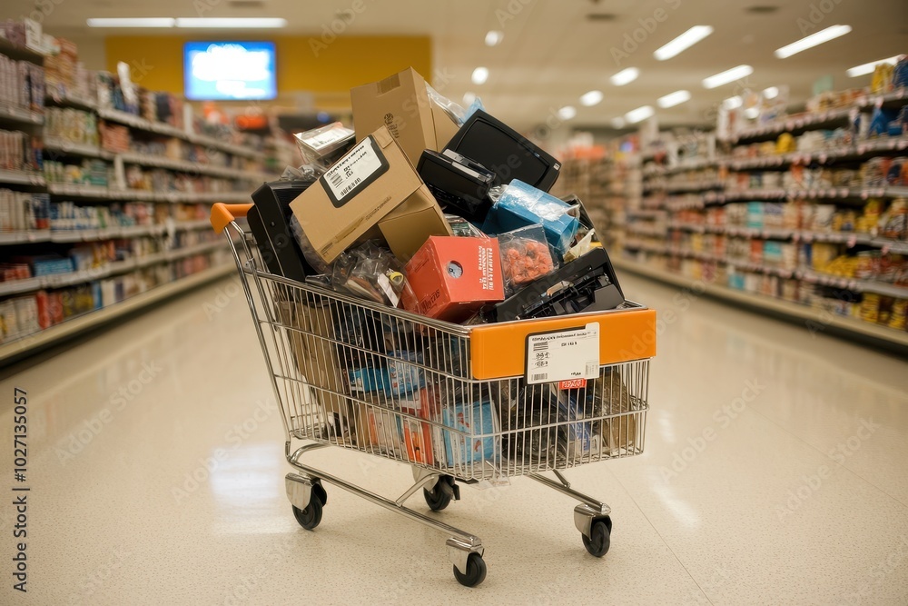 Shopping Cart Overflowing: A shopping cart filled to the brim with various products like electronics, toys, and clothes, all with sale tags attached. The cart is placed in the middle of a store aisle Shopping Cart Overflowing: A shopping cart filled to the brim with various products like electronics, toys, and clothes, all with sale tags attached. The cart is placed in the middle of a store aisle