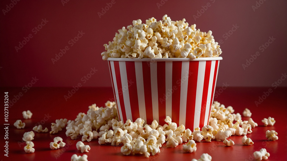 Overflowing popcorn in classic striped box on vibrant red background, evoking cinema snack nostalgia. Overflowing popcorn in classic striped box on vibrant red background, evoking cinema snack nostalgia.