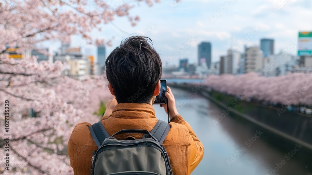 Tourist taking photos of cherry blossoms in full bloom along a river in Tokyo, Japan   Tokyo, cherry blossoms, cultural travel