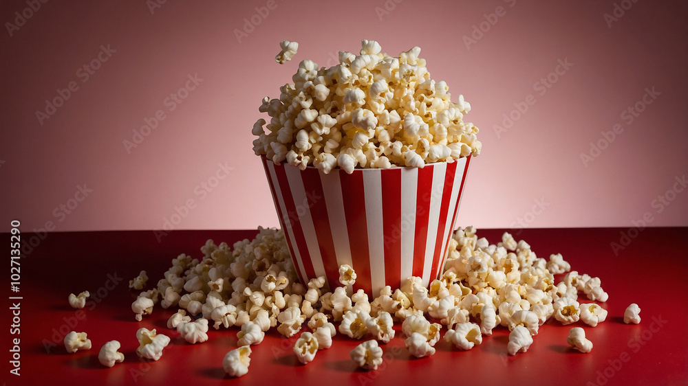 Overflowing popcorn in classic striped box on vibrant red background, evoking cinema snack nostalgia. Overflowing popcorn in classic striped box on vibrant red background, evoking cinema snack nostalgia.