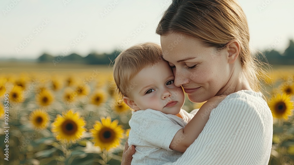 A mother lovingly holds her child against a backdrop of vibrant sunflowers, capturing a warm and tender moment in nature. A mother lovingly holds her child against a backdrop of vibrant sunflowers, capturing a warm and tender moment in nature.