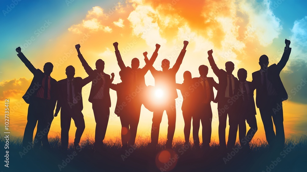 Silhouetted Businesspeople Celebrating Success at Sunset Silhouetted Businesspeople Celebrating Success at Sunset