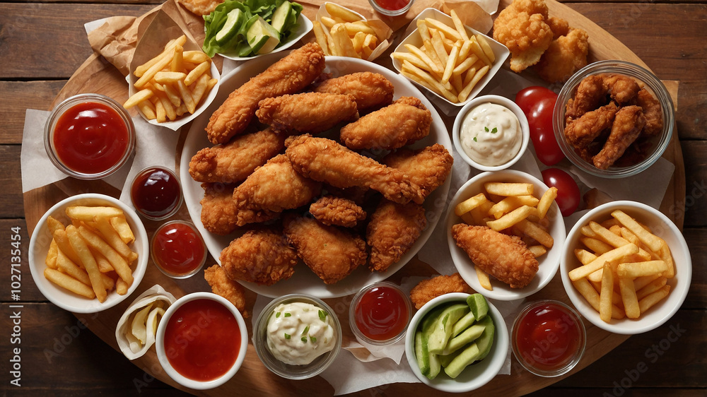 A delicious spread of crispy fried chicken, fries, sauces, and beverages displayed on a wooden table. A delicious spread of crispy fried chicken, fries, sauces, and beverages displayed on a wooden table.
