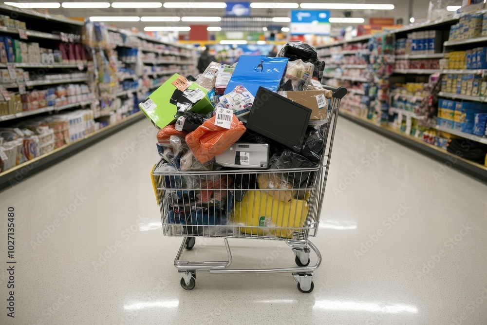 Shopping Cart Overflowing: A shopping cart filled to the brim with various products like electronics, toys, and clothes, all with sale tags attached. The cart is placed in the middle of a store aisle Shopping Cart Overflowing: A shopping cart filled to the brim with various products like electronics, toys, and clothes, all with sale tags attached. The cart is placed in the middle of a store aisle