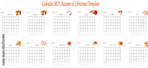 Calendar 2025 Autumn & Christmas Template, Monthly Planner with Leaf Authum in Light Bule Colorful Beautiful and simple photo