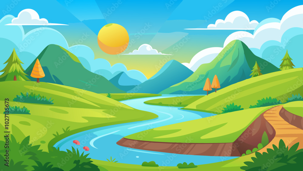 Fototapeta premium Landscape with winding river flowing between green rolling hills vector illustration 