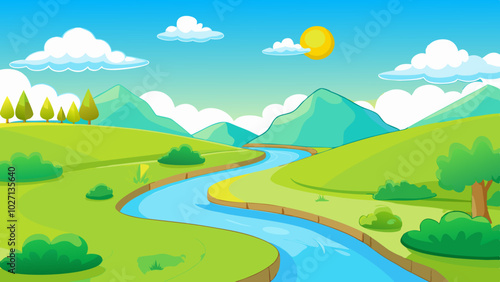 Landscape with winding river flowing between green rolling hills vector illustration 