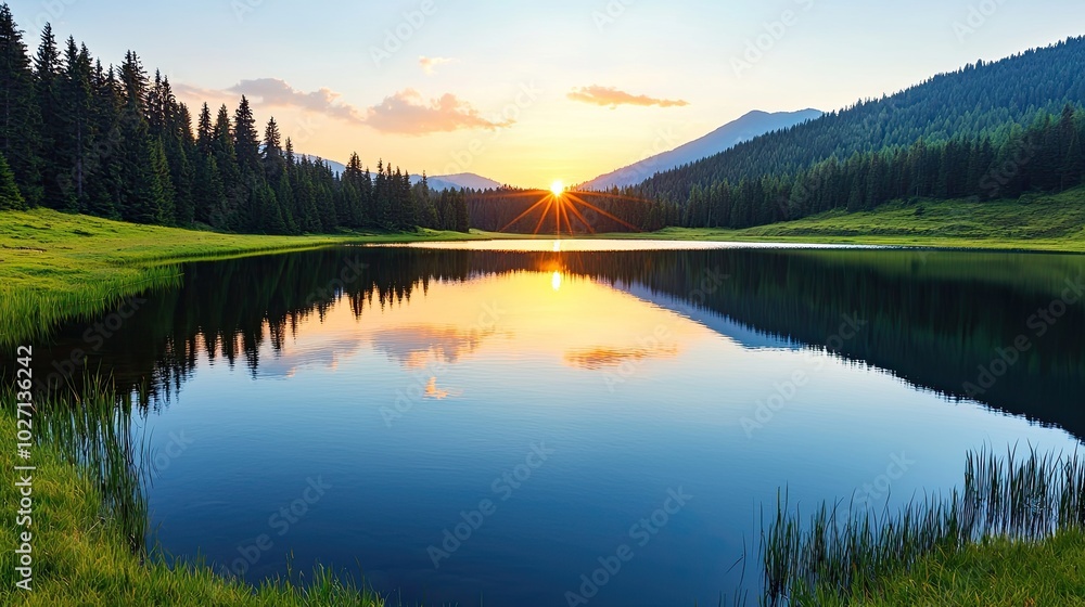A serene landscape featuring a tranquil lake reflecting a vibrant sunset, surrounded by lush greenery and mountains in the background. A serene landscape featuring a tranquil lake reflecting a vibrant sunset, surrounded by lush greenery and mountains in the background.