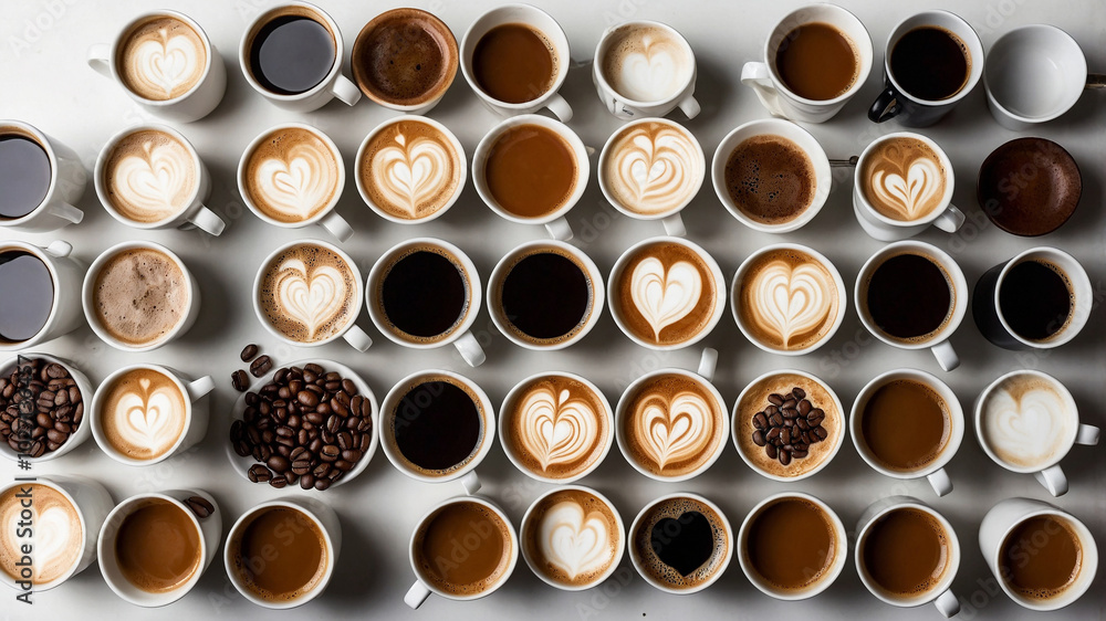 A diverse arrangement of coffee cups with patterns and beans, showcasing coffee's beauty and variety. A diverse arrangement of coffee cups with patterns and beans, showcasing coffee's beauty and variety.