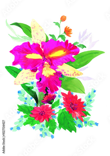 Flowers watecolor drawing, flower over white background painting photo