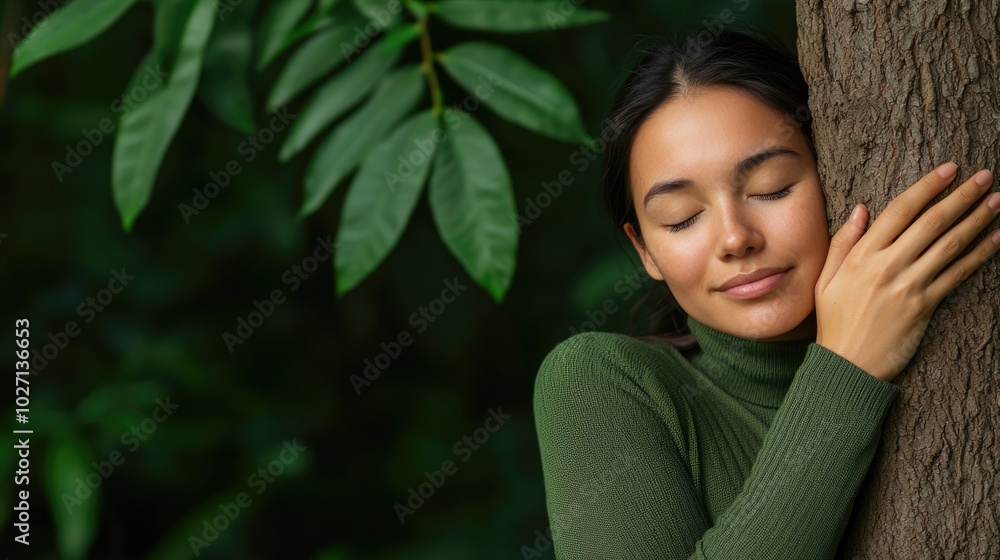A woman in a green sweater embraces a tree, symbolizing connection with nature, peace, and tranquility in a lush, green environment. A woman in a green sweater embraces a tree, symbolizing connection with nature, peace, and tranquility in a lush, green environment.