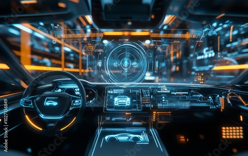 Virtual hologram interface for future of car industry is presented in this concept background, interior future neon presentation