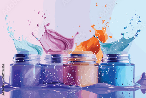 bottles of ink in cmyk colors, cyan with splash Open colorful cans of gouache paint isolated