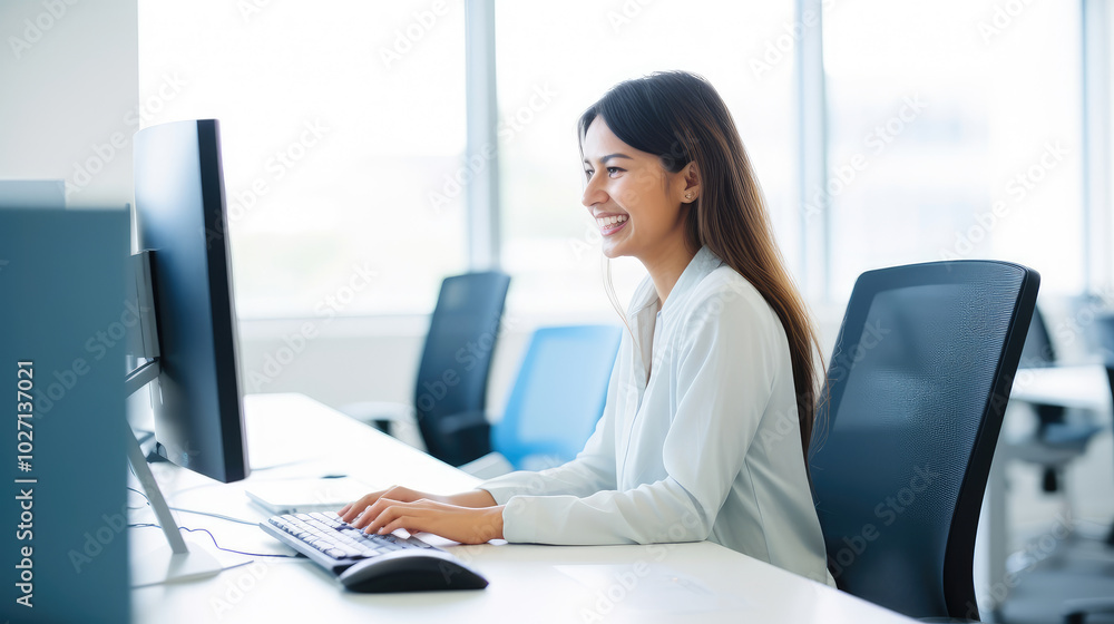Smiling Professional Woman Using Computer in Office Smiling Professional Woman Using Computer in Office