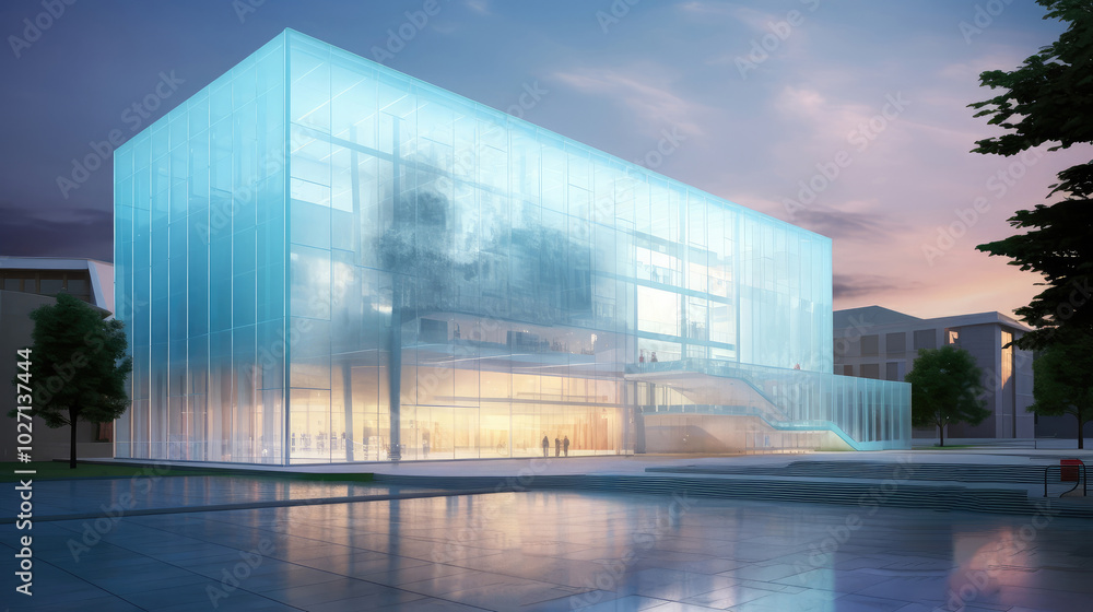 Futuristic Glass Building Lit Up at Twilight Futuristic Glass Building Lit Up at Twilight