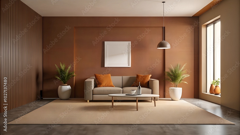 Fototapeta premium Minimalist interior design of modern living room with carpet brown wall