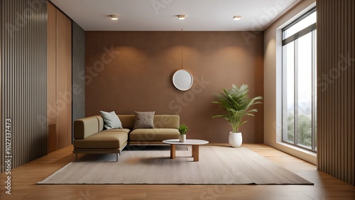 Minimalist interior design of modern living room with carpet brown wall