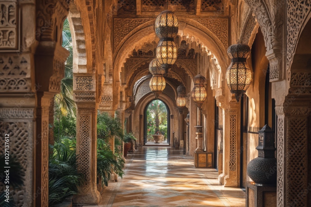 Intricate Moroccan Courtyard with Hanging Lanterns Intricate Moroccan Courtyard with Hanging Lanterns